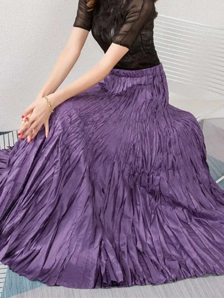 LANMREM Fashion Irregular Pleated Skirt For Women Elastic High Waist Solid Color A-line Long Skirts 2024 Spring New 2AA5129