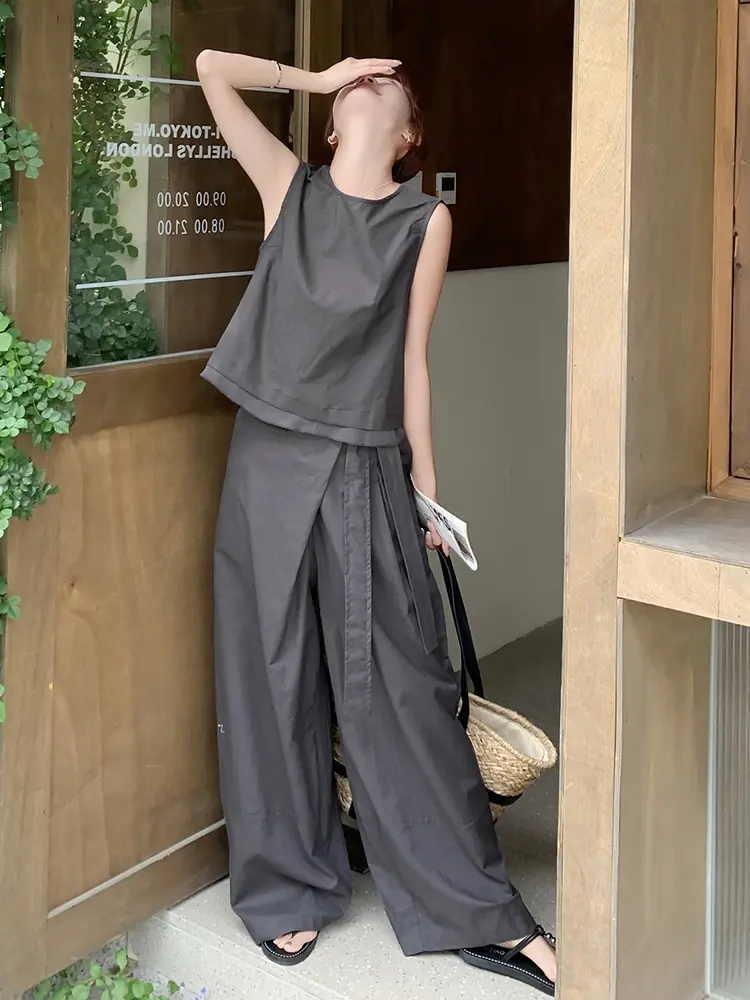 LANMREM Casual Style Fashion Patchwork Backside Buttons Shirts With Wide Leg Trousers Female Two-Piece Set 2025 Summer 2DM1064