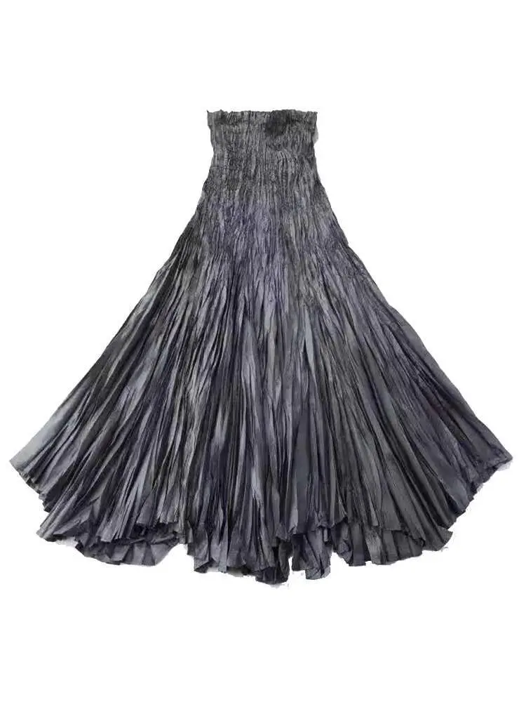 LANMREM Fashion Irregular Pleated Skirt For Women Elastic High Waist Solid Color A-line Long Skirts 2024 Spring New 2AA5129