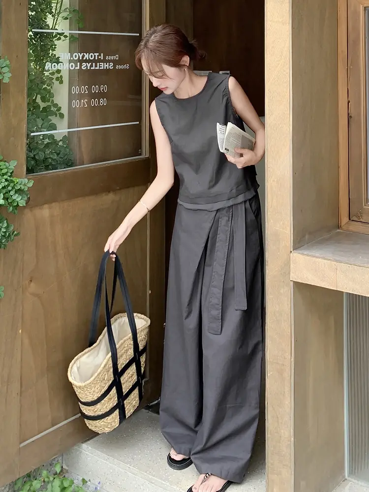LANMREM Casual Style Fashion Patchwork Backside Buttons Shirts With Wide Leg Trousers Female Two-Piece Set 2025 Summer 2DM1064