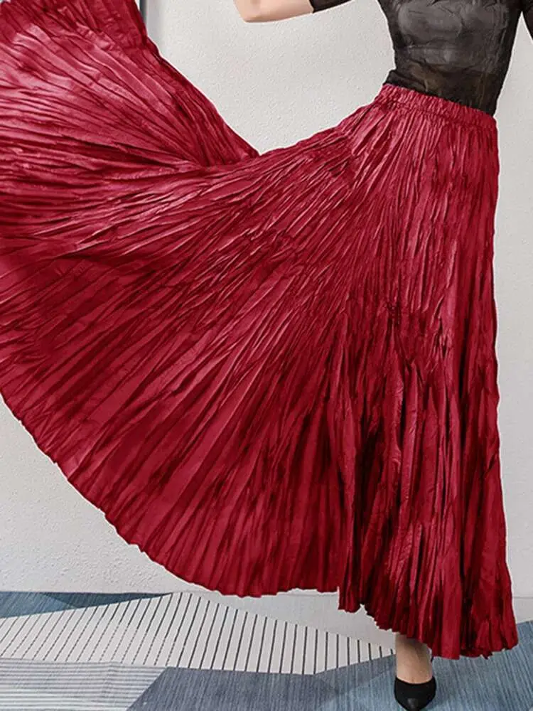 LANMREM Fashion Irregular Pleated Skirt For Women Elastic High Waist Solid Color A-line Long Skirts 2024 Spring New 2AA5129