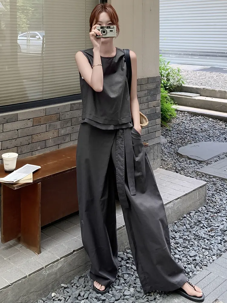 LANMREM Casual Style Fashion Patchwork Backside Buttons Shirts With Wide Leg Trousers Female Two-Piece Set 2025 Summer 2DM1064