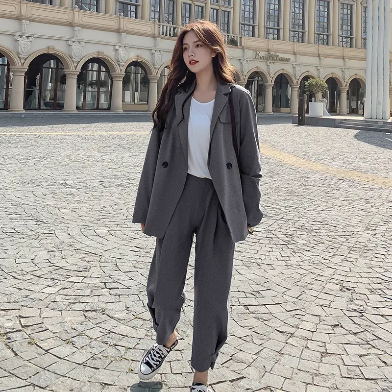 LANMREM Trendy Korean Style Loose Suit Set For Women Loose Grey Blazer Coat And Casual Button Pants Two Pieces Sets Chic 2DB3749