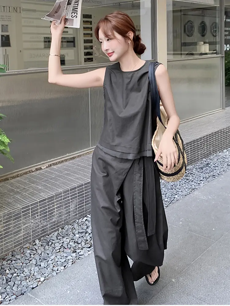 LANMREM Casual Style Fashion Patchwork Backside Buttons Shirts With Wide Leg Trousers Female Two-Piece Set 2025 Summer 2DM1064