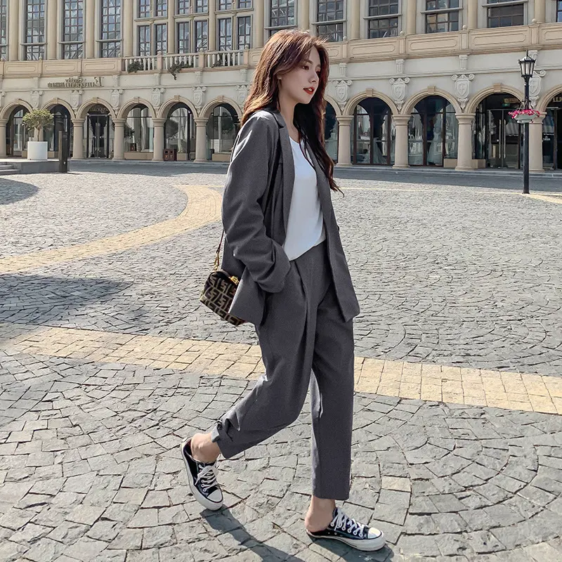 LANMREM Trendy Korean Style Loose Suit Set For Women Loose Grey Blazer Coat And Casual Button Pants Two Pieces Sets Chic 2DB3749