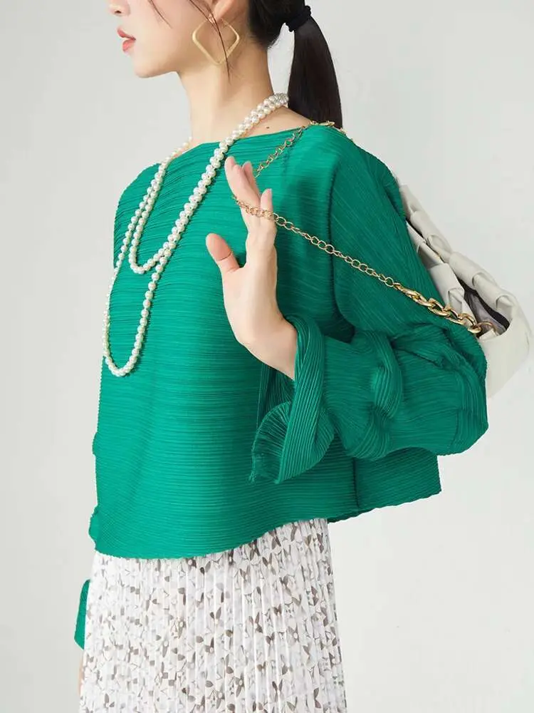 LANMREM Pleated T-shirt For Women With Lantern Sleeve Solid Color Chic Stylre Female Elegant Top 2024 Summer New 2DA6801