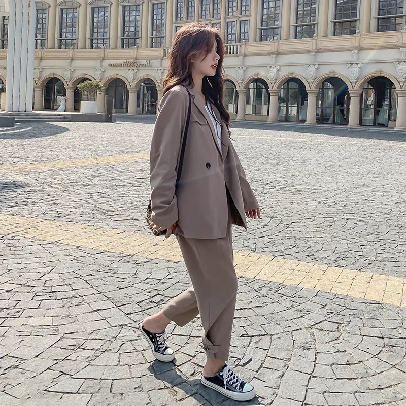 LANMREM Trendy Korean Style Loose Suit Set For Women Loose Grey Blazer Coat And Casual Button Pants Two Pieces Sets Chic 2DB3749