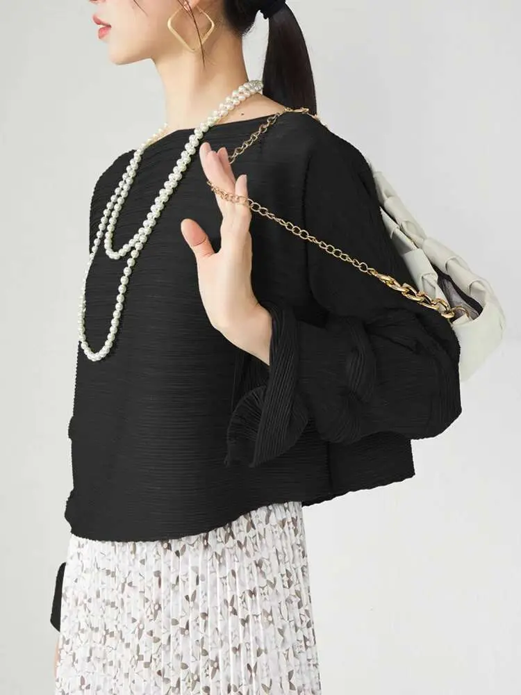 LANMREM Pleated T-shirt For Women With Lantern Sleeve Solid Color Chic Stylre Female Elegant Top 2024 Summer New 2DA6801
