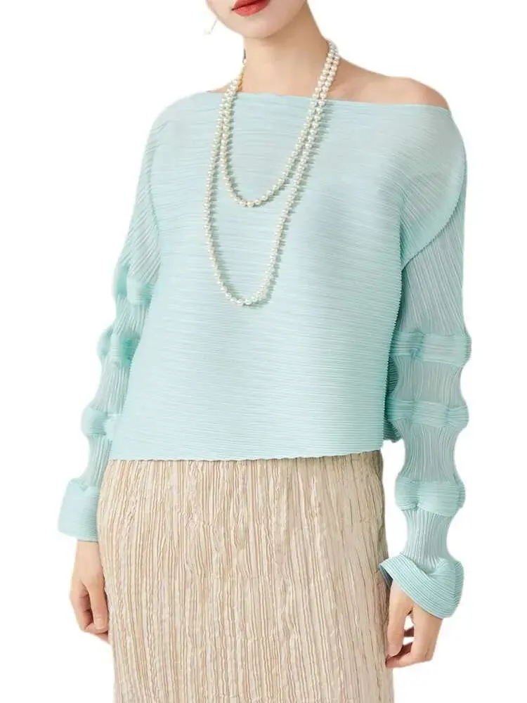 LANMREM Pleated T-shirt For Women With Lantern Sleeve Solid Color Chic Stylre Female Elegant Top 2024 Summer New 2DA6801