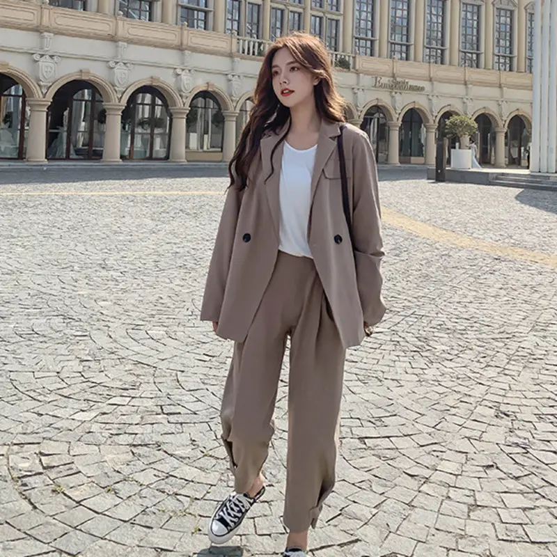 LANMREM Trendy Korean Style Loose Suit Set For Women Loose Grey Blazer Coat And Casual Button Pants Two Pieces Sets Chic 2DB3749
