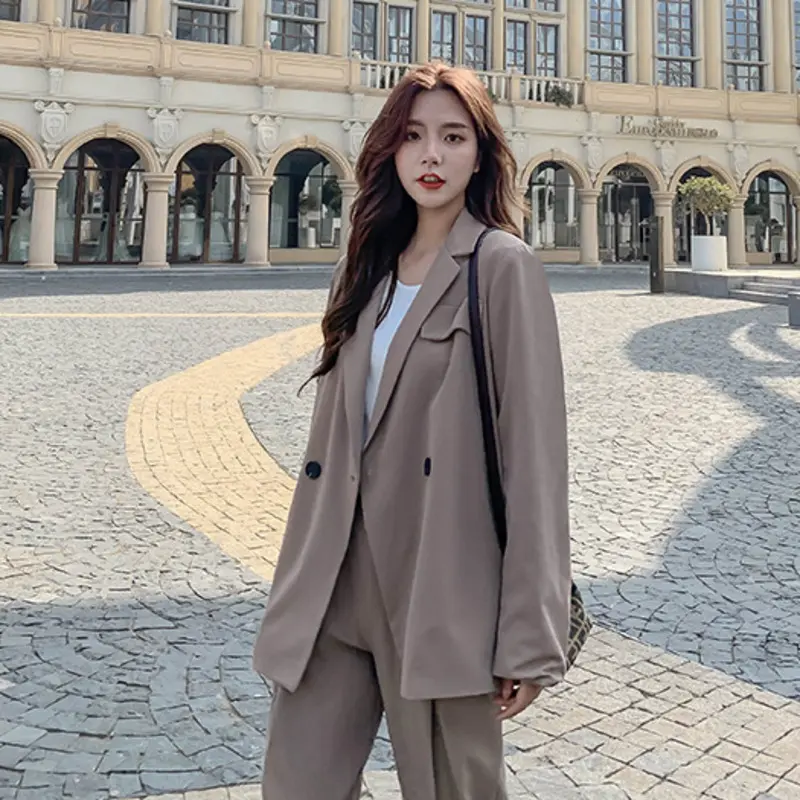 LANMREM Trendy Korean Style Loose Suit Set For Women Loose Grey Blazer Coat And Casual Button Pants Two Pieces Sets Chic 2DB3749