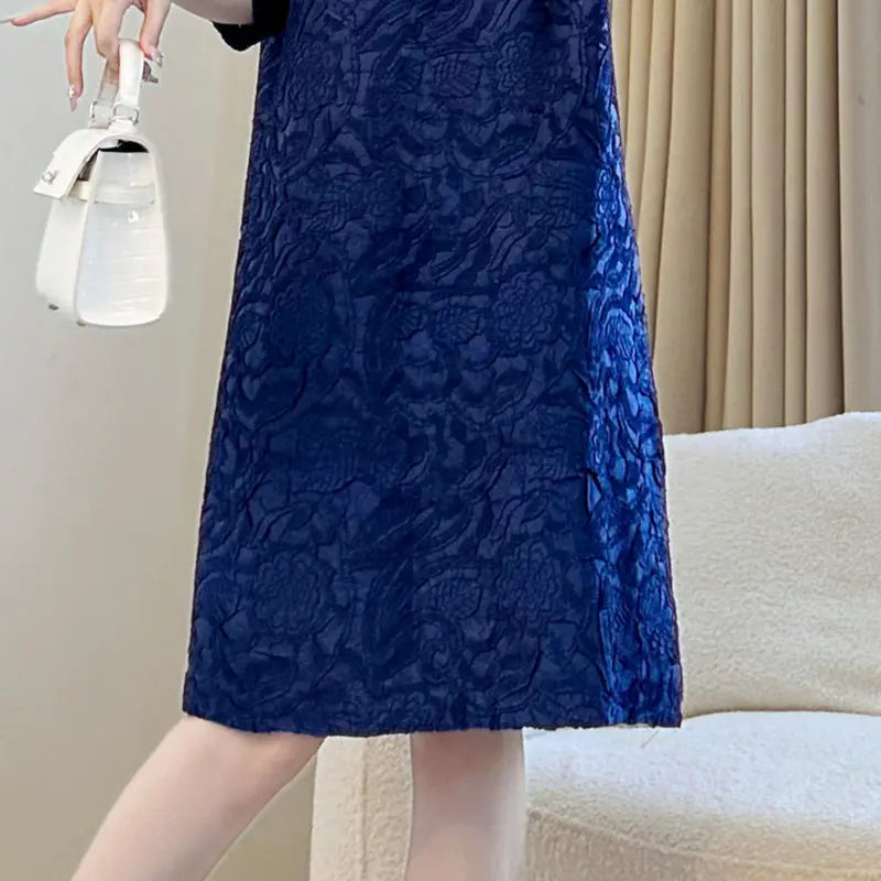 LANMREM High Quality Embroidered Dress For Women Summer 2025 New Elastic Loose Elegant Round Collar Half Sleeve Dresses 2DB3877