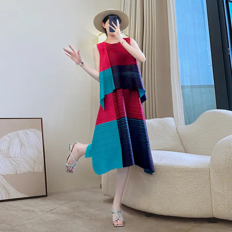 LANMREM Colorblock Spliced Design Irregular Pleated Women's Two Pieces Set Loose Round Collar Sleeveless Tops And Skirt 2DB3670