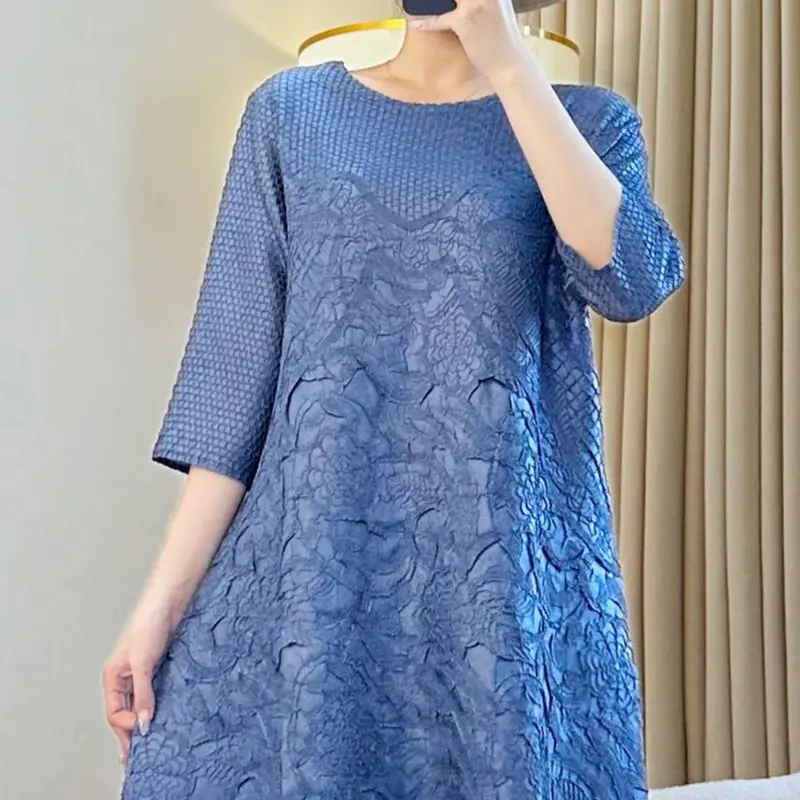LANMREM High Quality Embroidered Dress For Women Summer 2025 New Elastic Loose Elegant Round Collar Half Sleeve Dresses 2DB3877