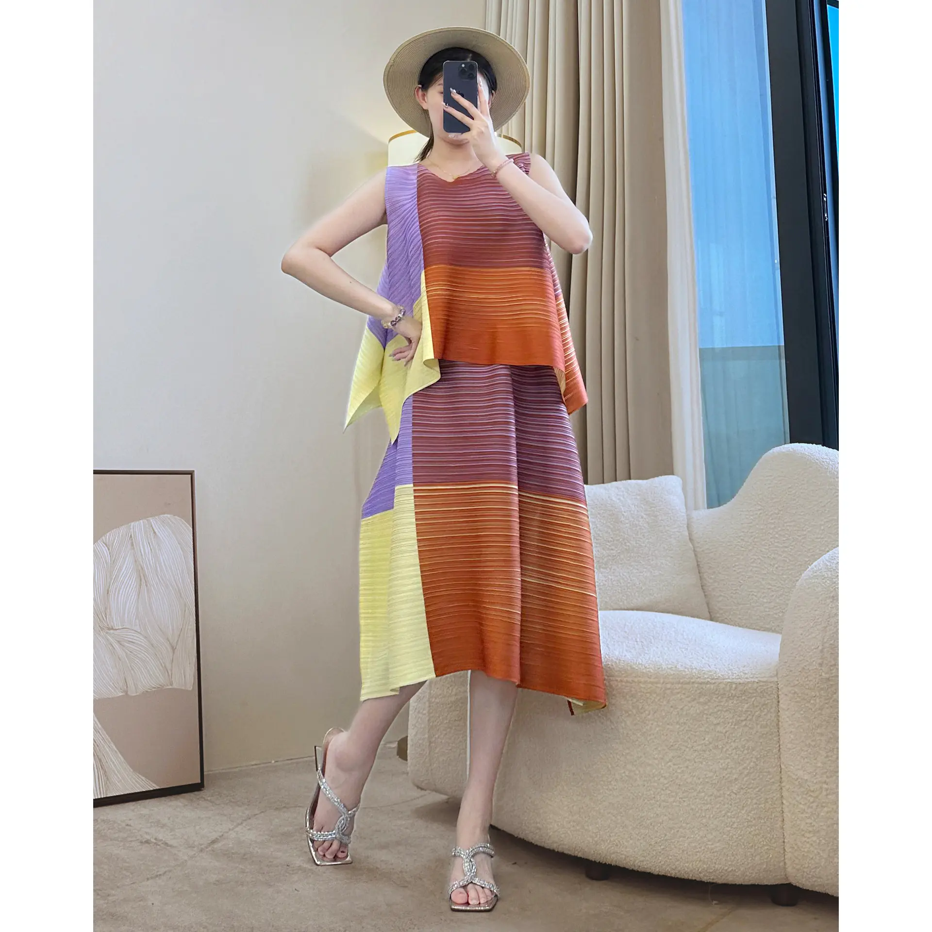 LANMREM Colorblock Spliced Design Irregular Pleated Women's Two Pieces Set Loose Round Collar Sleeveless Tops And Skirt 2DB3670