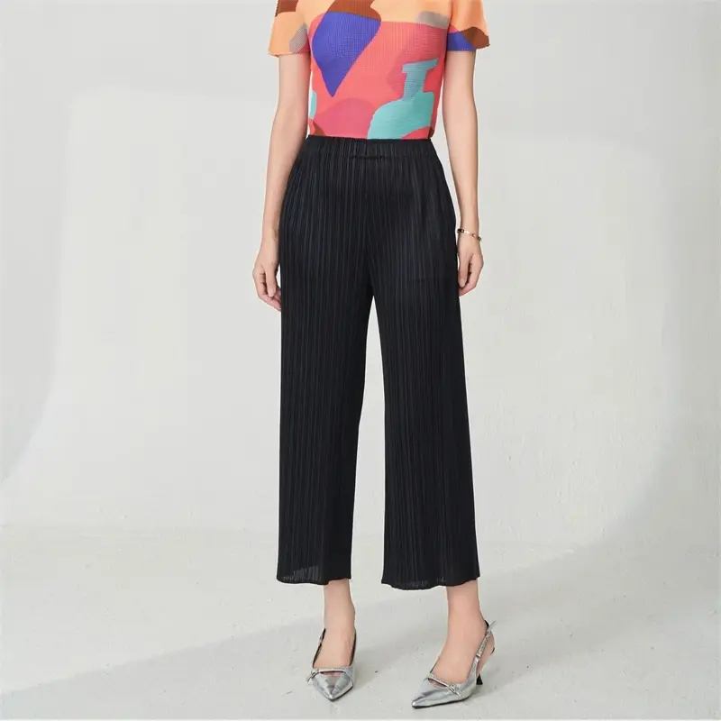 LANMREM Women's Summer Black Lightweight Ankle Length Pants Elastic Waist Simple Casual Straight Straight Trousers  Chic 2DB4080