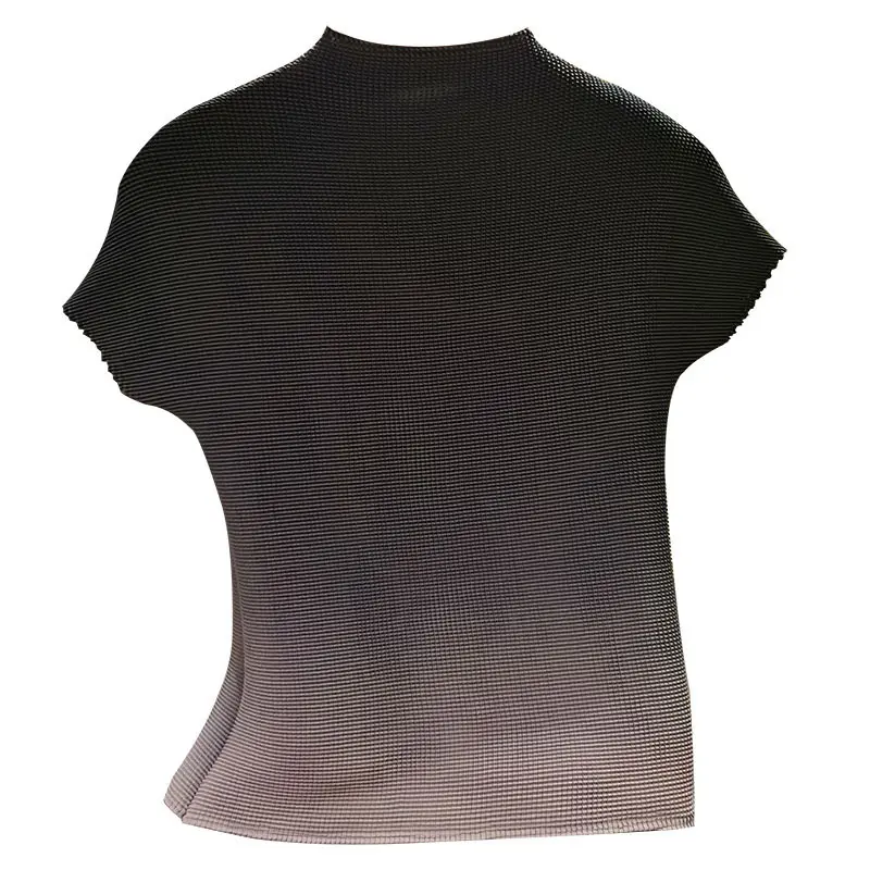 LANMREM Gradient Color Women's Pleated T-shirt High Elastici Slim Fit Short Sleeve Pullover Top 2025 New Summer Chic Tee 2DB3033