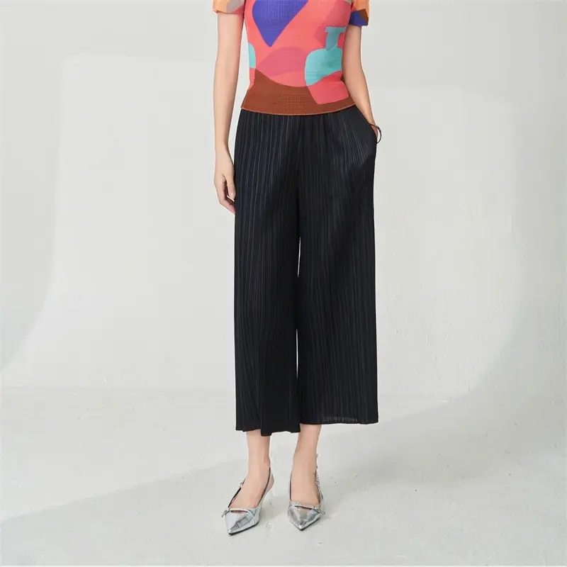 LANMREM Women's Summer Black Lightweight Ankle Length Pants Elastic Waist Simple Casual Straight Straight Trousers  Chic 2DB4080