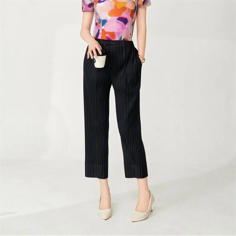 LANMREM Women's Summer Black Lightweight Ankle Length Pants Elastic Waist Simple Casual Straight Straight Trousers  Chic 2DB4080