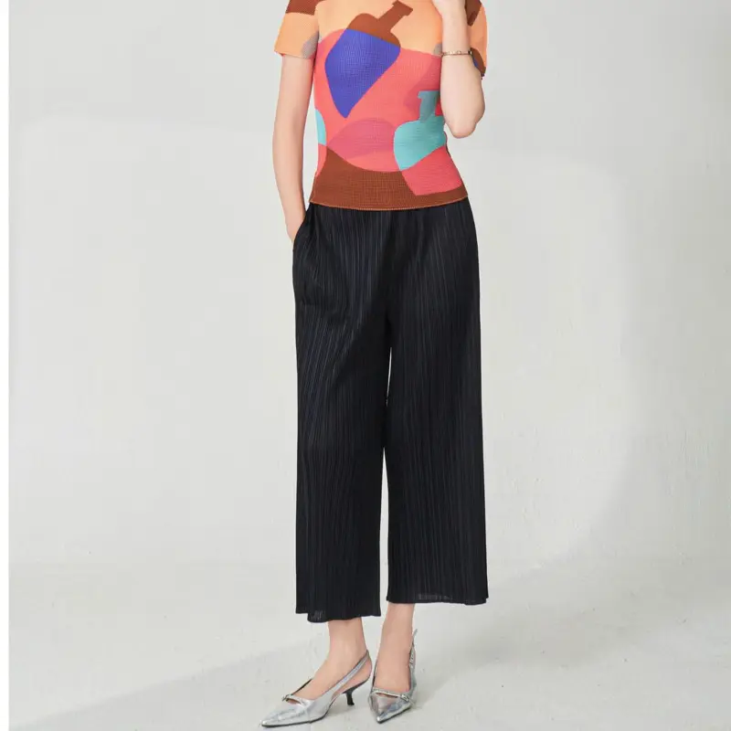 LANMREM Women's Summer Black Lightweight Ankle Length Pants Elastic Waist Simple Casual Straight Straight Trousers  Chic 2DB4080