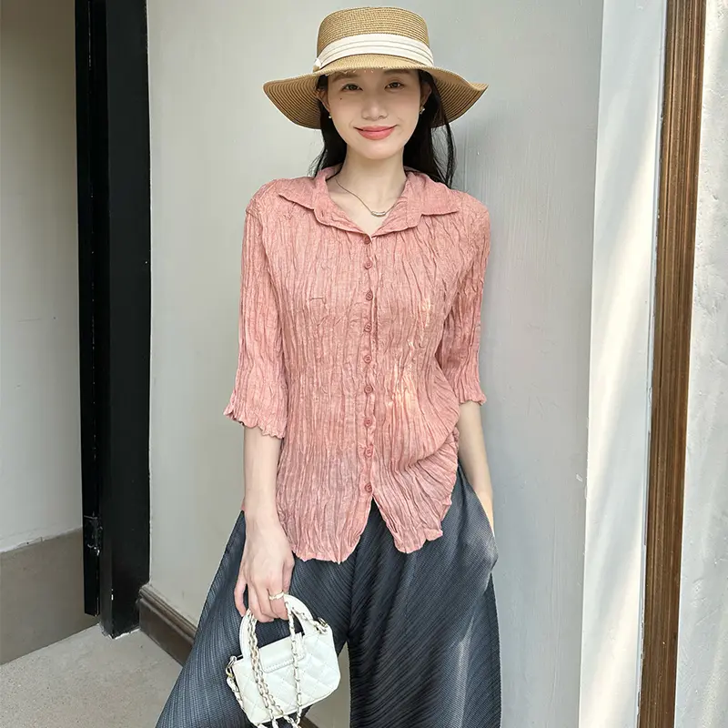 LANMREM Pleated New Three-Quarter Sleeve Shirt Casual Elegant Loose Single-Breasted Solid Color Cardigan Blouse Tops 2DB3643