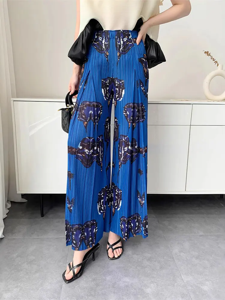 LANMREM 2025 Summer New Printing Wide-Leg Pants Fashion Versatile Pleated Elastic Waist Straight-Leg Long Trousers 2DM1023