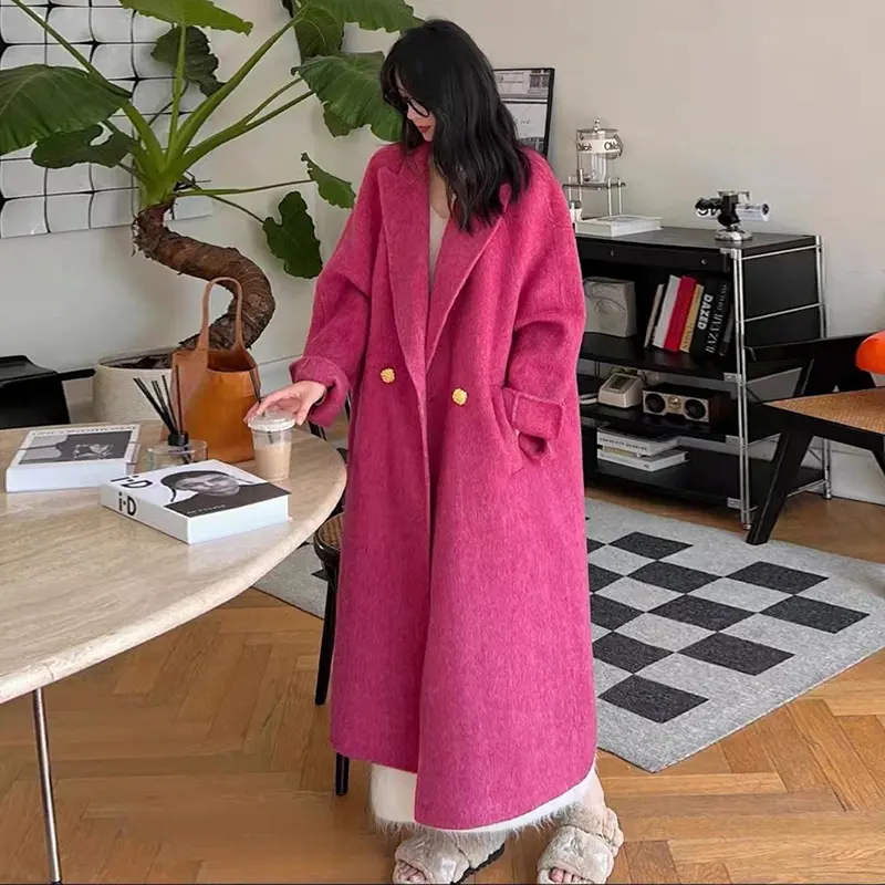 LANMREM Double-sided Rose Women's Wool Coat Chic Loose Suit Collar Double Breasted Thick Autumn Winter Warm Long Coats 2DB3892