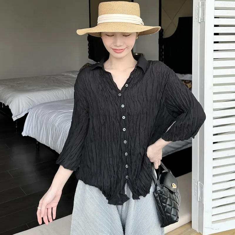 LANMREM Pleated New Three-Quarter Sleeve Shirt Casual Elegant Loose Single-Breasted Solid Color Cardigan Blouse Tops 2DB3643