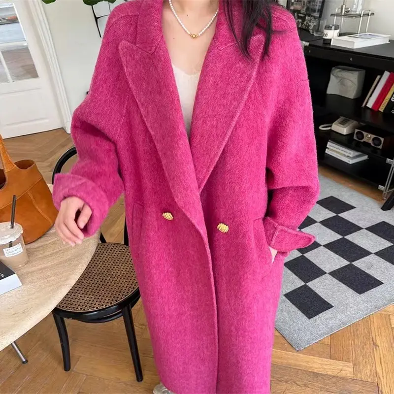 LANMREM Double-sided Rose Women's Wool Coat Chic Loose Suit Collar Double Breasted Thick Autumn Winter Warm Long Coats 2DB3892