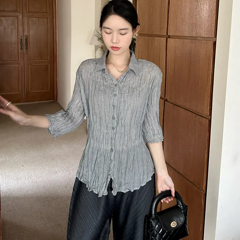 LANMREM Pleated New Three-Quarter Sleeve Shirt Casual Elegant Loose Single-Breasted Solid Color Cardigan Blouse Tops 2DB3643