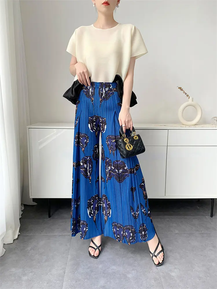 LANMREM 2025 Summer New Printing Wide-Leg Pants Fashion Versatile Pleated Elastic Waist Straight-Leg Long Trousers 2DM1023