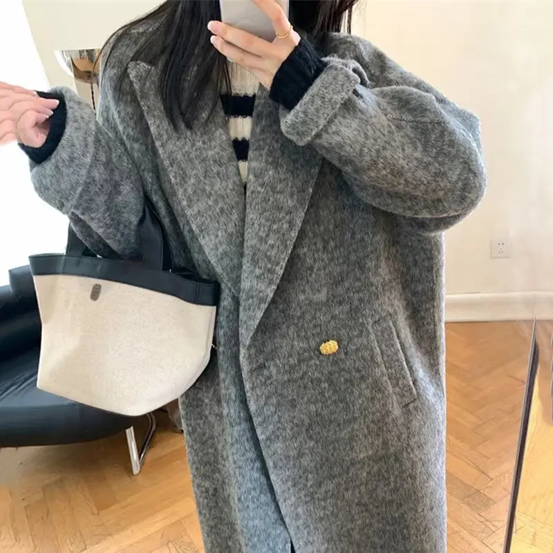 LANMREM Double-sided Rose Women's Wool Coat Chic Loose Suit Collar Double Breasted Thick Autumn Winter Warm Long Coats 2DB3892
