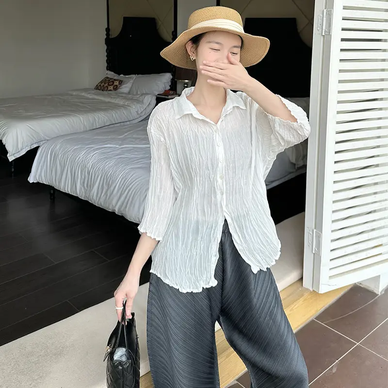 LANMREM Pleated New Three-Quarter Sleeve Shirt Casual Elegant Loose Single-Breasted Solid Color Cardigan Blouse Tops 2DB3643