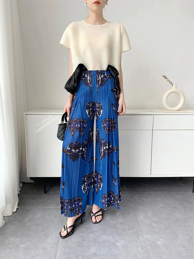 LANMREM 2025 Summer New Printing Wide-Leg Pants Fashion Versatile Pleated Elastic Waist Straight-Leg Long Trousers 2DM1023