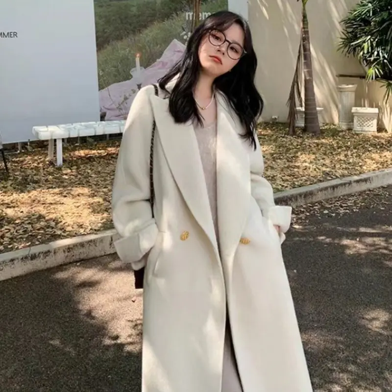 LANMREM Double-sided Rose Women's Wool Coat Chic Loose Suit Collar Double Breasted Thick Autumn Winter Warm Long Coats 2DB3892