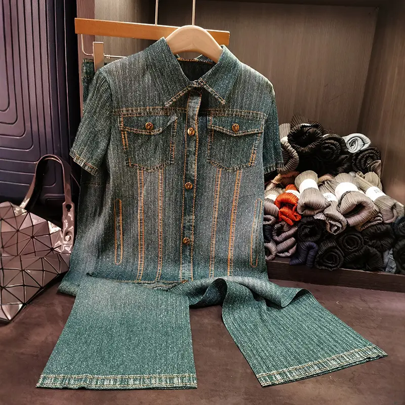 LANMREM Denim Color Printting Pleated Women's Two Pieces Set Summer New Loose Short Sleeve Shirt And Casual Long Pants 2DB3679