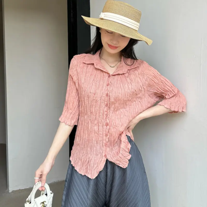 LANMREM Pleated New Three-Quarter Sleeve Shirt Casual Elegant Loose Single-Breasted Solid Color Cardigan Blouse Tops 2DB3643