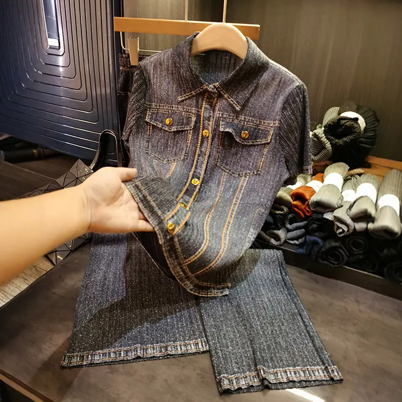 LANMREM Denim Color Printting Pleated Women's Two Pieces Set Summer New Loose Short Sleeve Shirt And Casual Long Pants 2DB3679