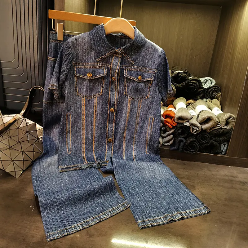 LANMREM Denim Color Printting Pleated Women's Two Pieces Set Summer New Loose Short Sleeve Shirt And Casual Long Pants 2DB3679