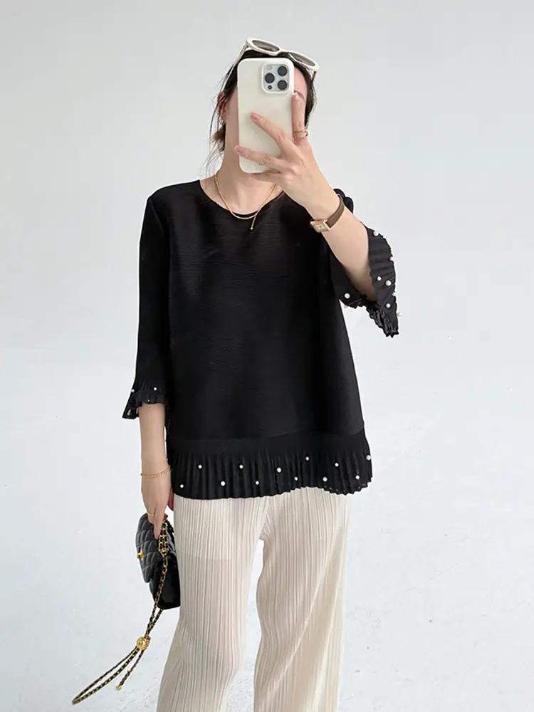 LANMREM 2025 New Nail Bead Trumpet Sleeve O-neck Slim Pleated Top Temperament Versatile Three Quarter Sleeve T-shirts 2DB3026
