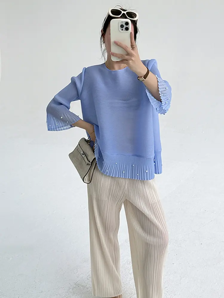 LANMREM 2025 New Nail Bead Trumpet Sleeve O-neck Slim Pleated Top Temperament Versatile Three Quarter Sleeve T-shirts 2DB3026