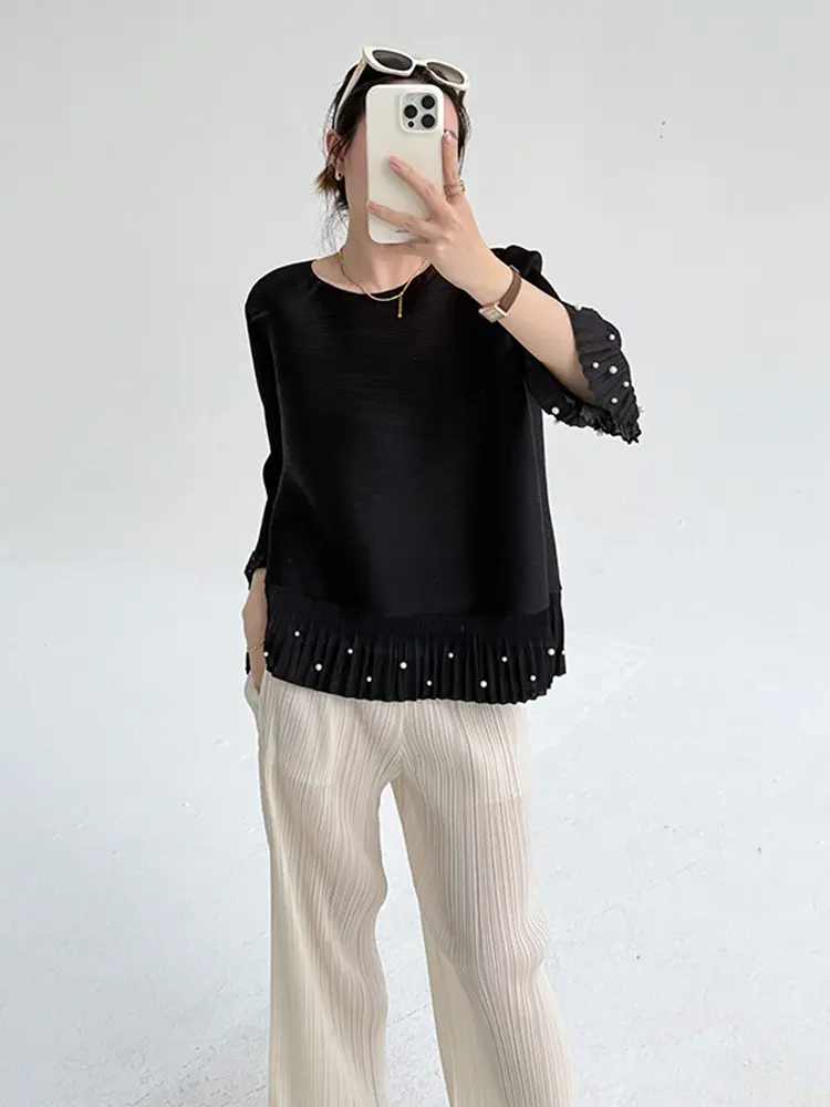 LANMREM 2025 New Nail Bead Trumpet Sleeve O-neck Slim Pleated Top Temperament Versatile Three Quarter Sleeve T-shirts 2DB3026