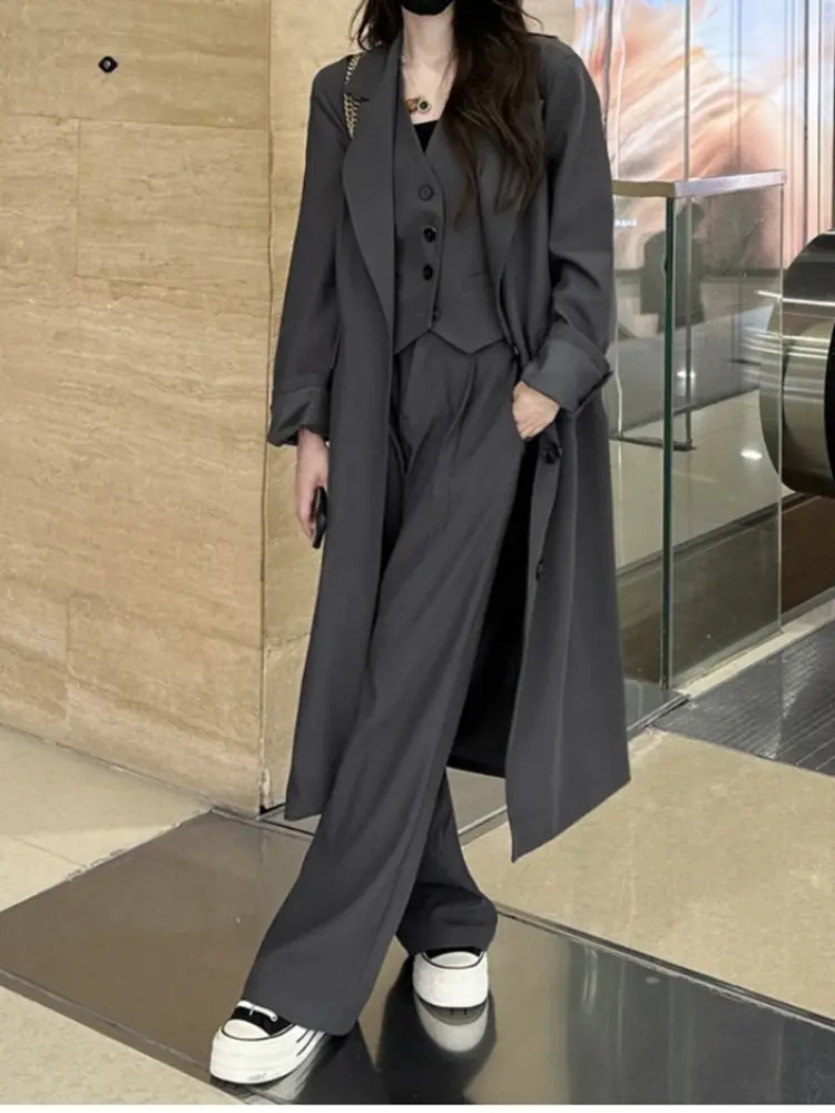 LANMREM Single Breasted Long Blazers Vest Wide Leg Pants Three Piece Set Female Fashion Coats 2024 Spring New Design 2DA2728
