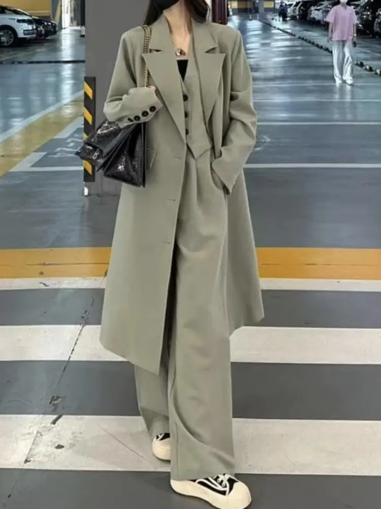 LANMREM Single Breasted Long Blazers Vest Wide Leg Pants Three Piece Set Female Fashion Coats 2024 Spring New Design 2DA2728