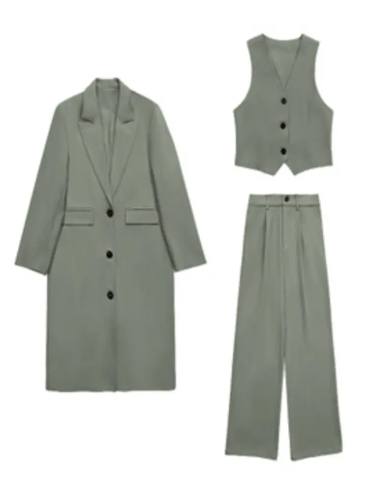 LANMREM Single Breasted Long Blazers Vest Wide Leg Pants Three Piece Set Female Fashion Coats 2024 Spring New Design 2DA2728
