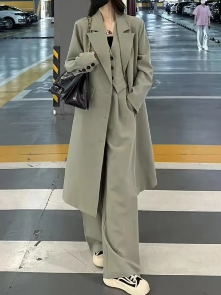 LANMREM Single Breasted Long Blazers Vest Wide Leg Pants Three Piece Set Female Fashion Coats 2024 Spring New Design 2DA2728