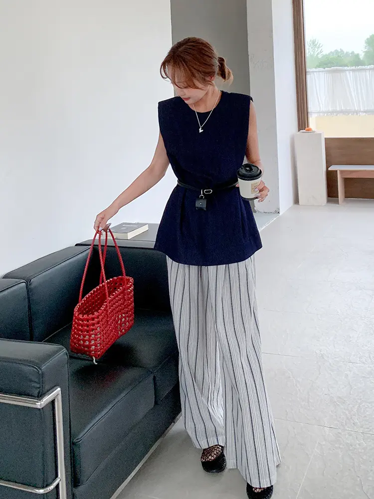 LANMREM 2025 Summer New Navy Blue Sleeveless Denim Top + Wide Leg Striped Casual Pants Female Fashion Clothing 2DM1066