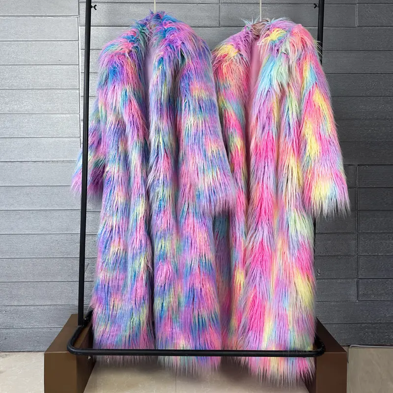 LANMREM Colorblock Jacquard Colorful Women's Faux Fur Coat Suit Collar Winter Thick Warm Long Overcoat Clothing Chic New 2DB4160
