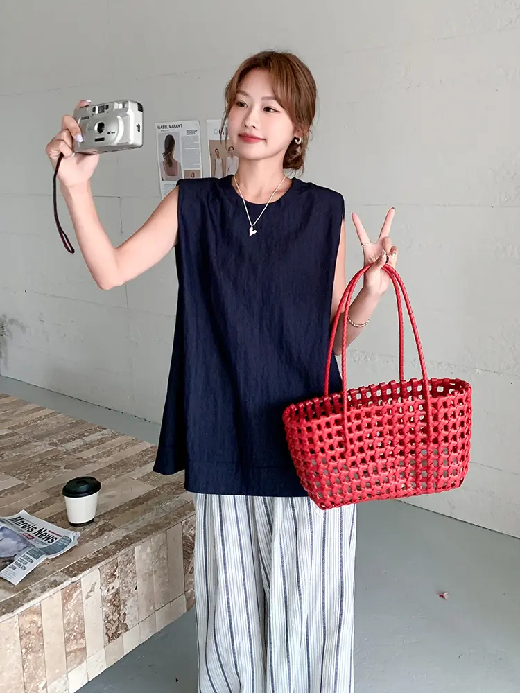 LANMREM 2025 Summer New Navy Blue Sleeveless Denim Top + Wide Leg Striped Casual Pants Female Fashion Clothing 2DM1066