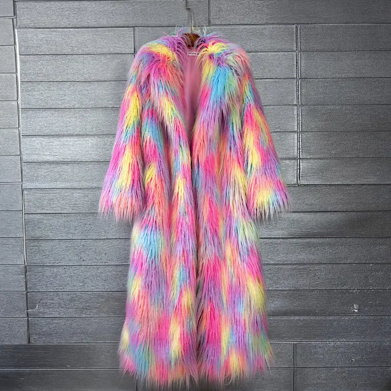 LANMREM Colorblock Jacquard Colorful Women's Faux Fur Coat Suit Collar Winter Thick Warm Long Overcoat Clothing Chic New 2DB4160